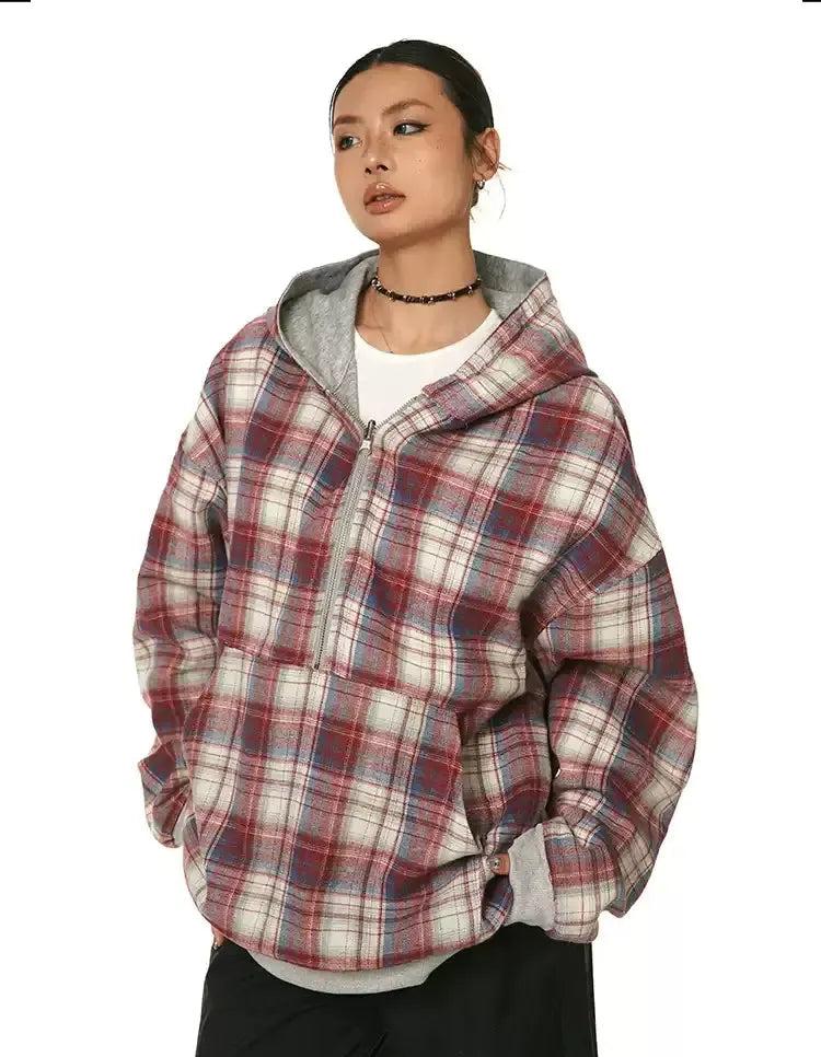 BB Half-Zipped Hooded Plaid Jacket