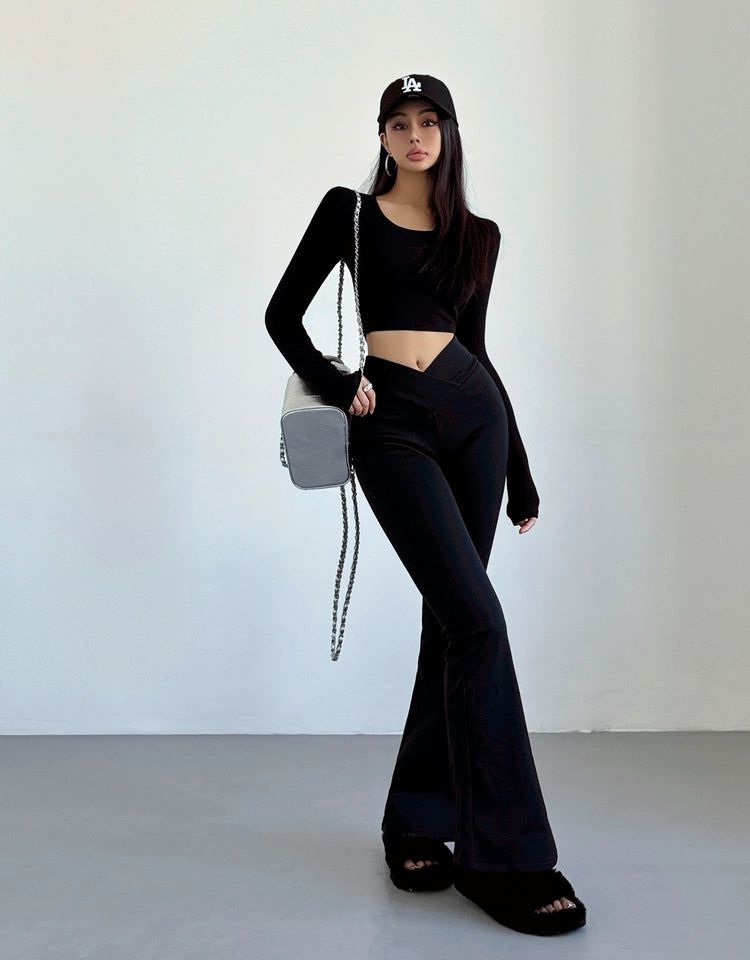 Livia Casual V-Waist Flared Pants-korean-fashion-Pants-Livia's Closet-OH Garments