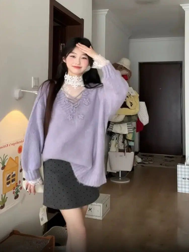 Mina V-Neck 3D Flowers Sweater