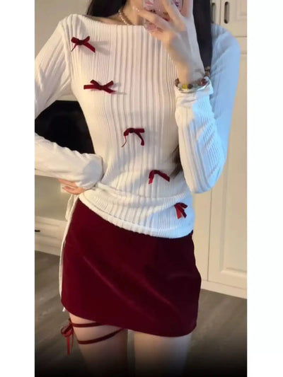 Mina Ribbon Bows Slim Fit Sweater & Short Skirt Set