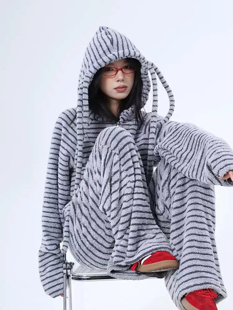 Lazy Striped and Strings Hooded Jacket & Pants Set