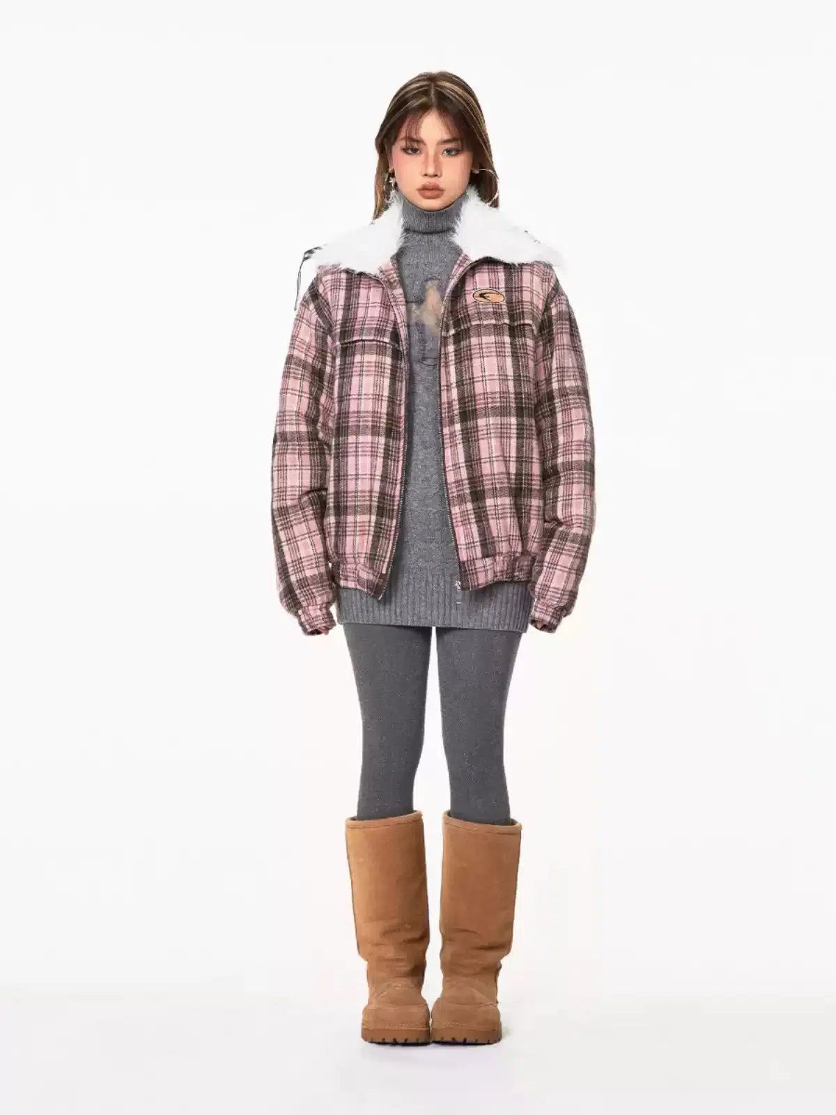 BB Faux Fur Collar Plaid Jacket