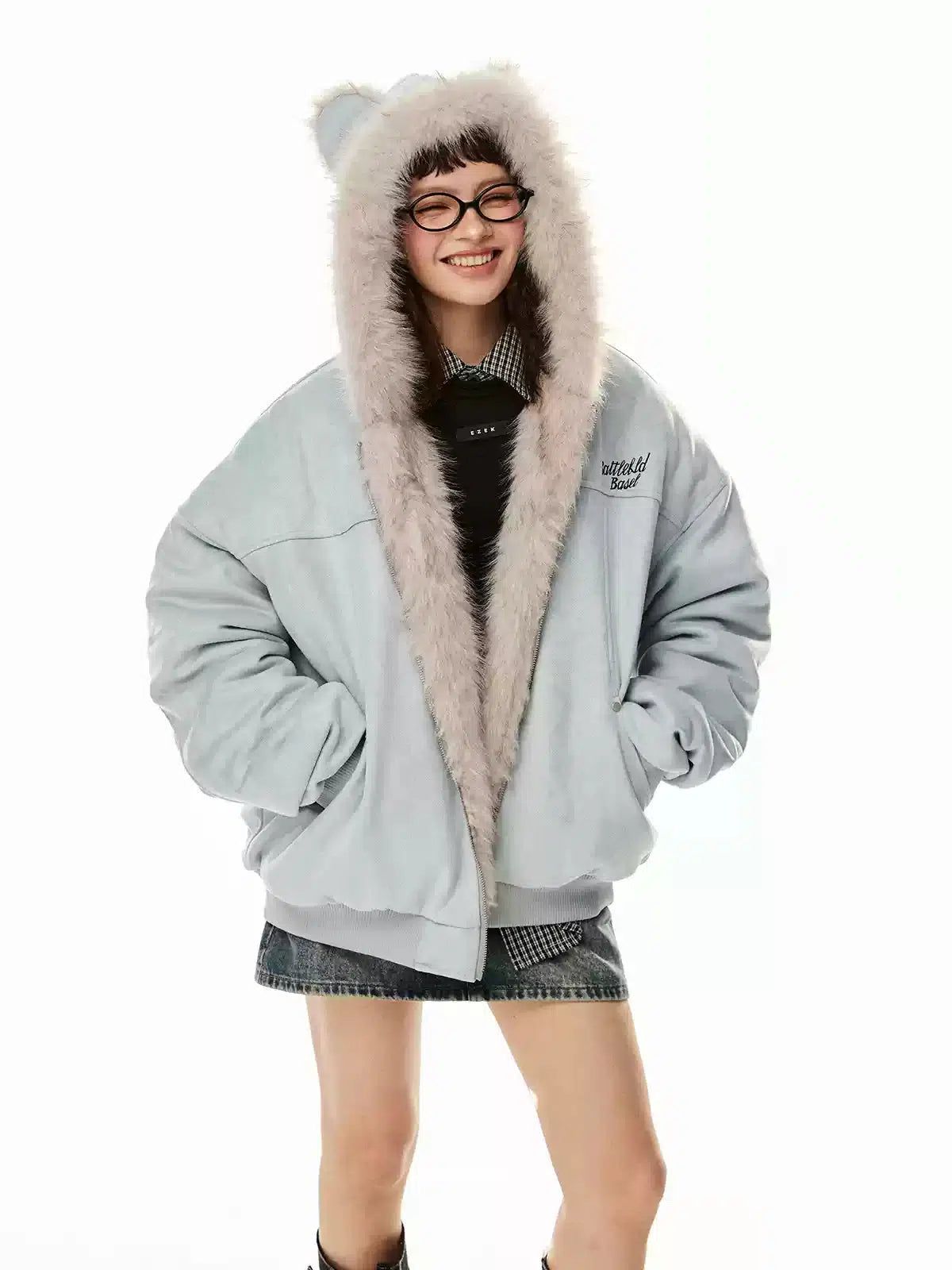 Tom Cat Ears Hood Faux Fur Line Jacket