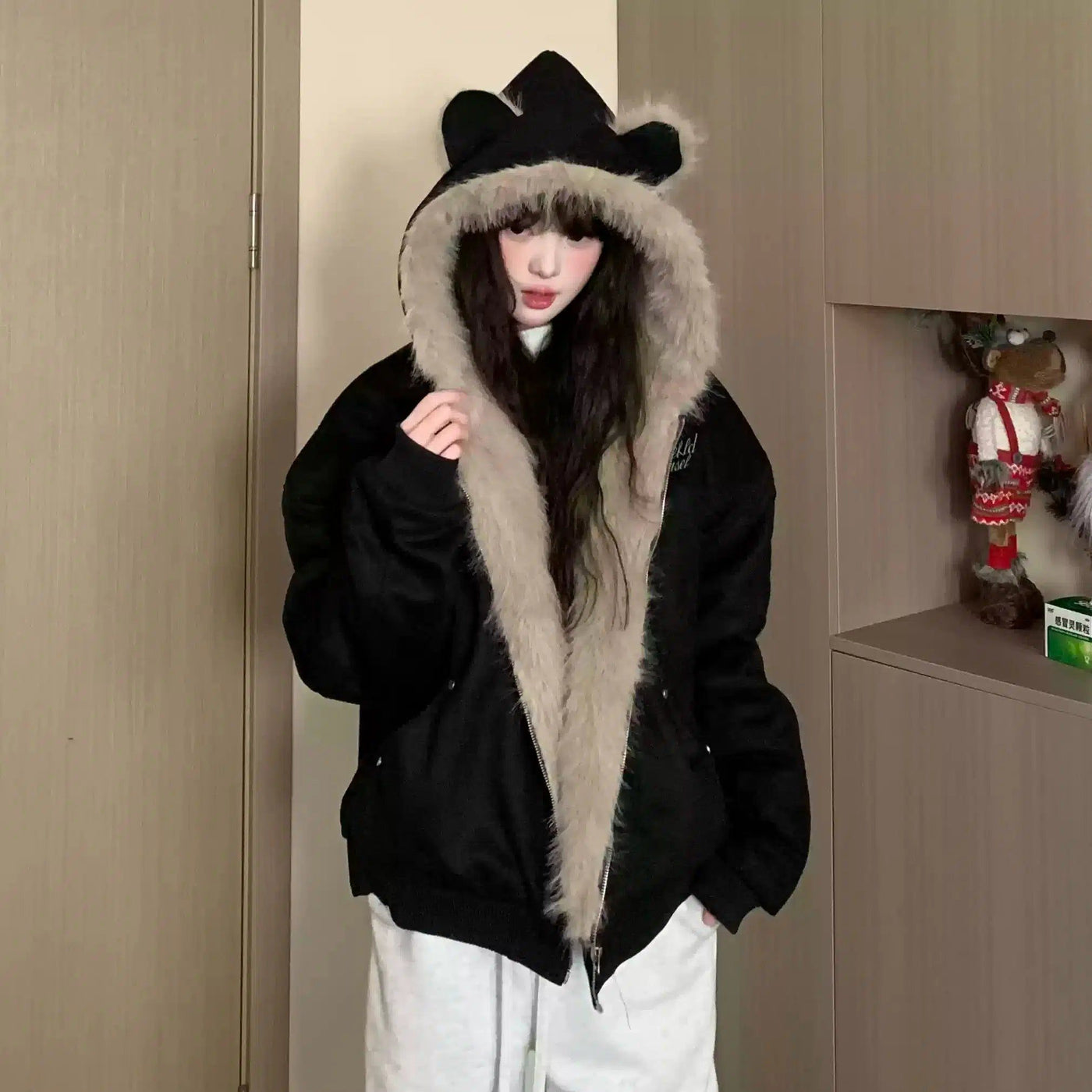 Tom Cat Ears Hood Faux Fur Line Jacket