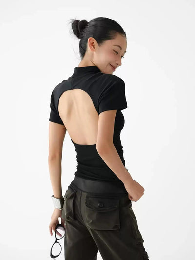 Ace Backless Mockneck Half-Buttoned T-Shirt-korean-fashion-T-Shirt-Ace's Closet-OH Garments