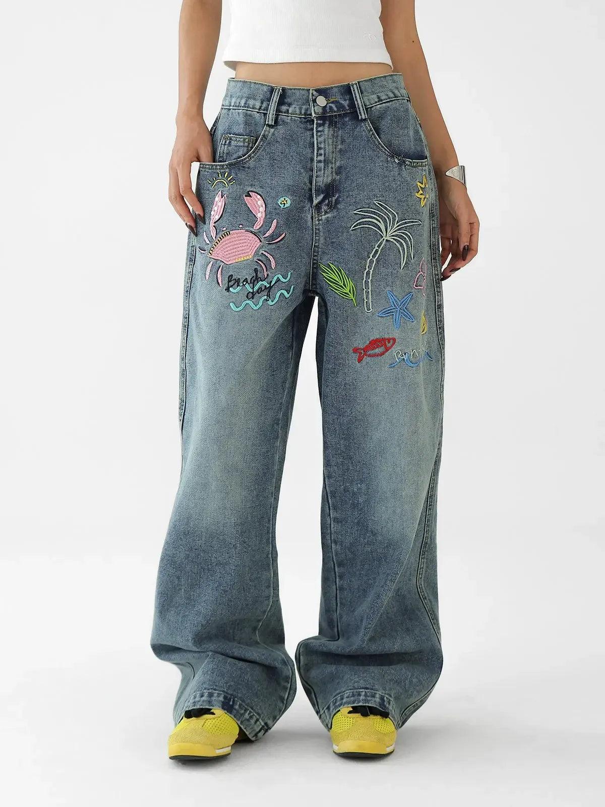 Ace Beach Day Embroidery Jeans-korean-fashion-Jeans-Ace's Closet-OH Garments