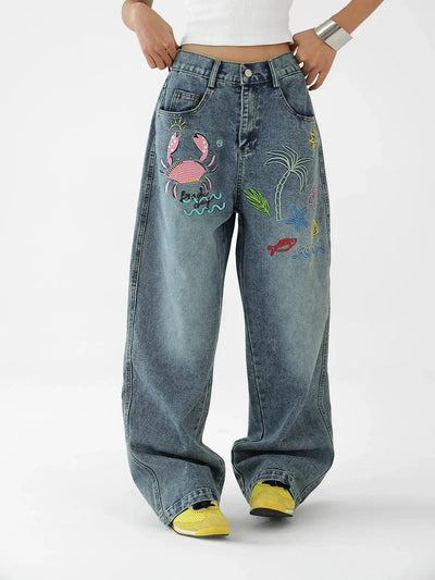Ace Beach Day Embroidery Jeans-korean-fashion-Jeans-Ace's Closet-OH Garments