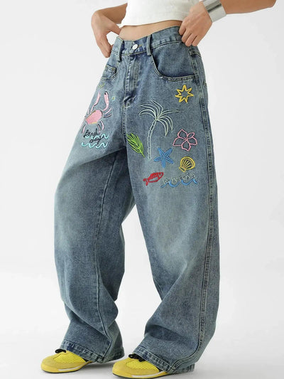 Ace Beach Day Embroidery Jeans-korean-fashion-Jeans-Ace's Closet-OH Garments