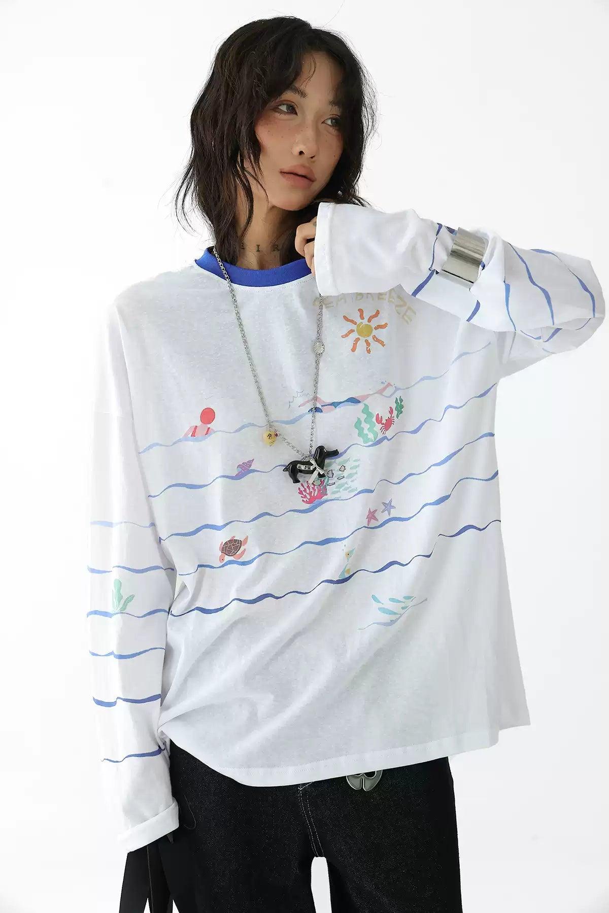 Ace Beach Party Striped Long Sleeve T-Shirt-korean-fashion-T-Shirt-Ace's Closet-OH Garments