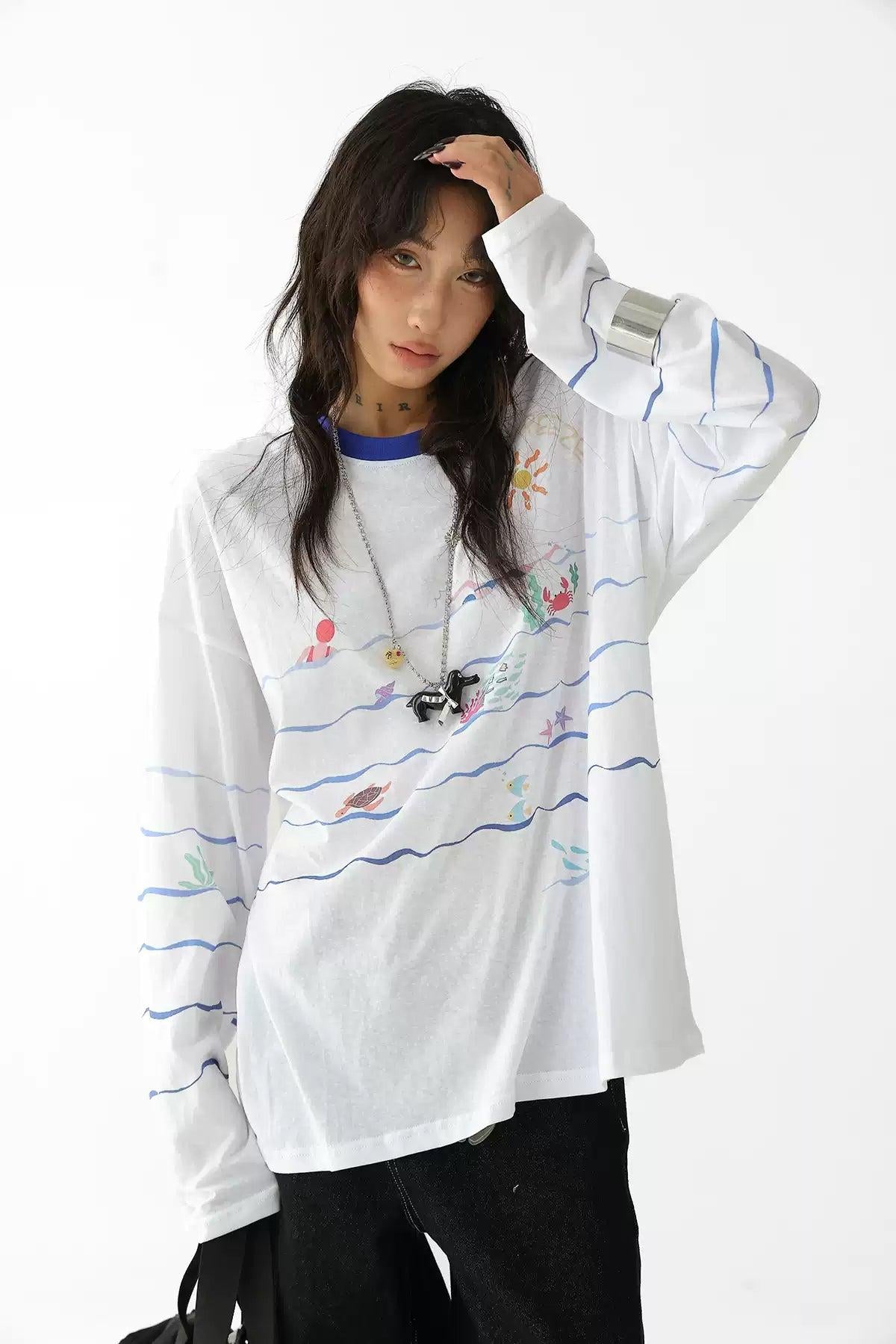 Ace Beach Party Striped Long Sleeve T-Shirt-korean-fashion-T-Shirt-Ace's Closet-OH Garments
