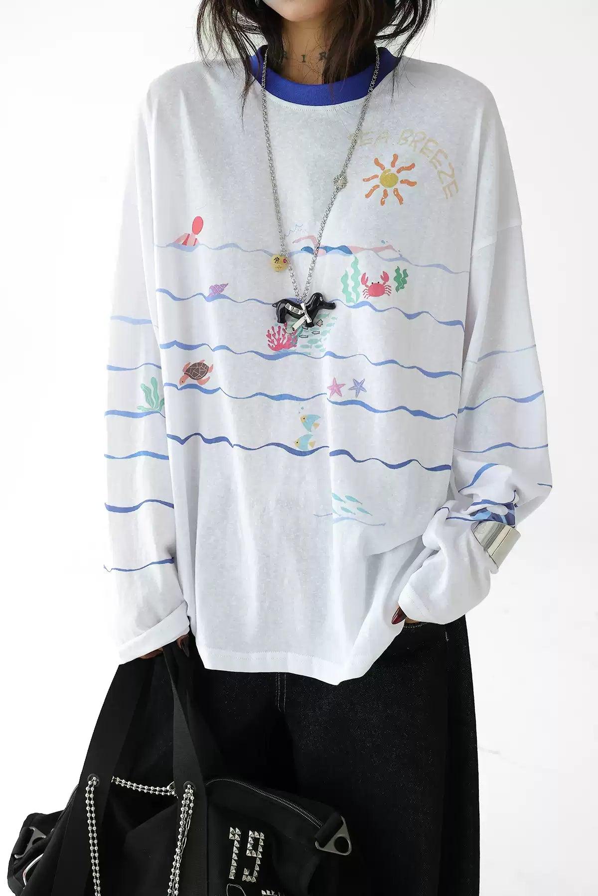 Ace Beach Party Striped Long Sleeve T-Shirt-korean-fashion-T-Shirt-Ace's Closet-OH Garments