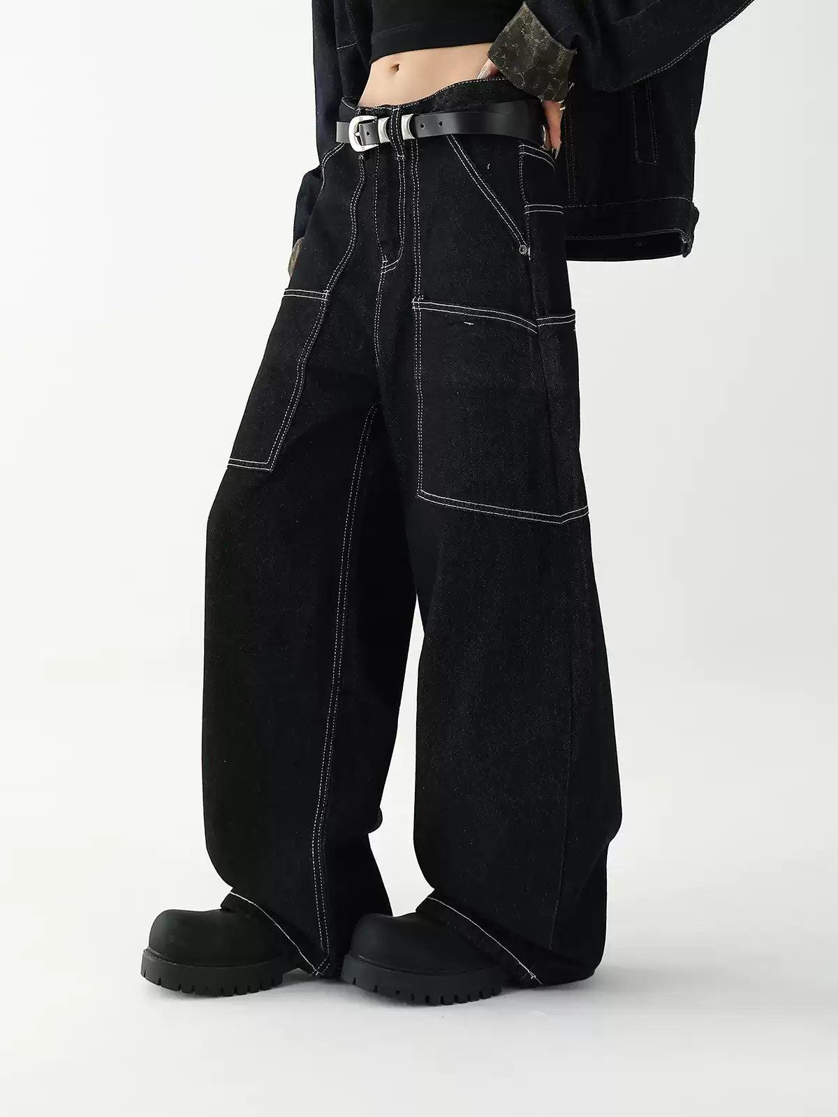 Ace Contrast Seam-lines Wide Jeans-korean-fashion-Jeans-Ace's Closet-OH Garments