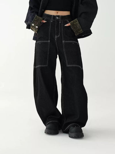 Ace Contrast Seam-lines Wide Jeans-korean-fashion-Jeans-Ace's Closet-OH Garments