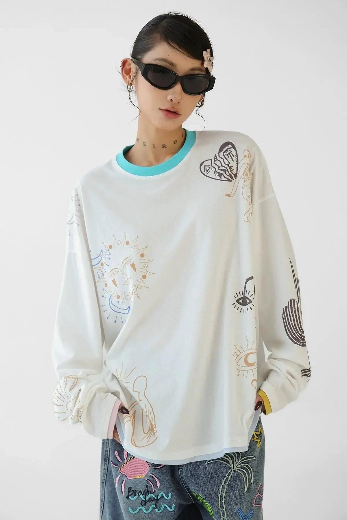 Ace Contrast Spliced Print Long Sleeve T-Shirt-korean-fashion-T-Shirt-Ace's Closet-OH Garments