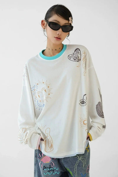 Ace Contrast Spliced Print Long Sleeve T-Shirt-korean-fashion-T-Shirt-Ace's Closet-OH Garments