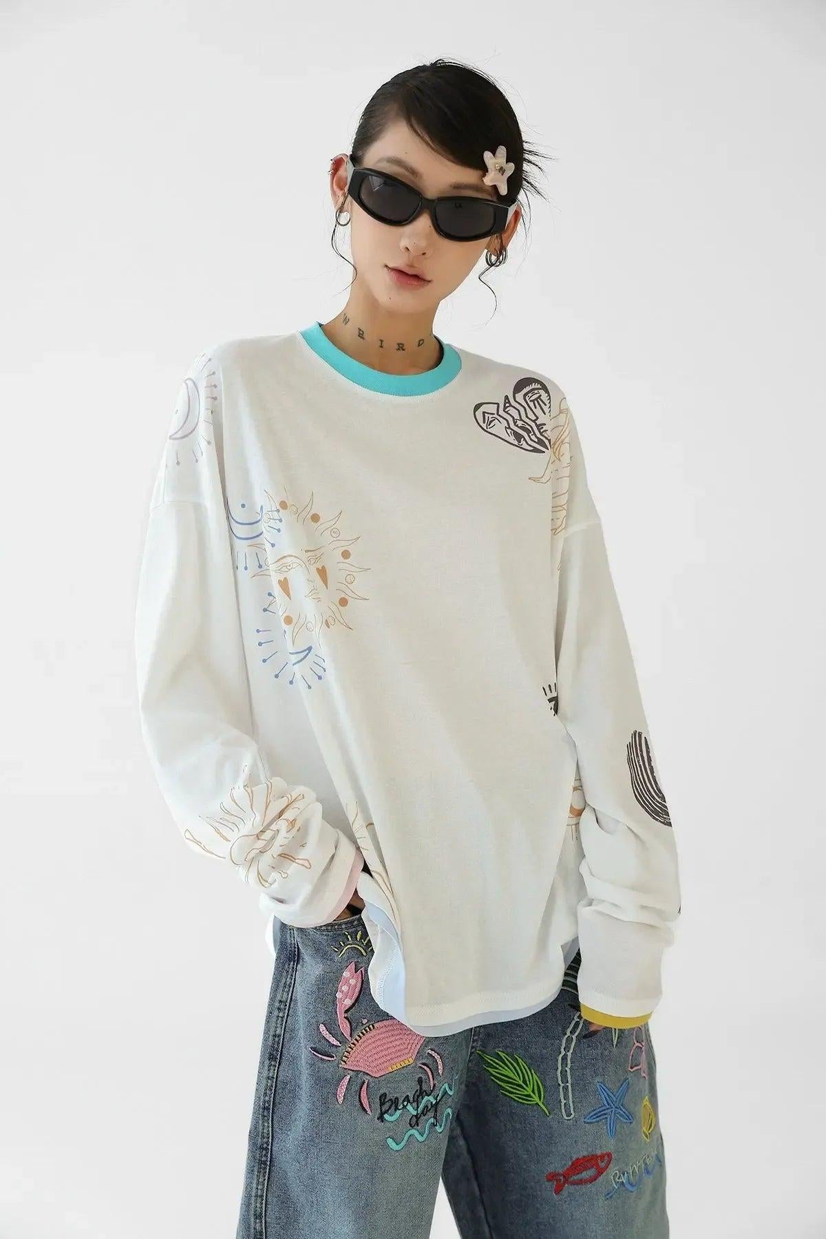 Ace Contrast Spliced Print Long Sleeve T-Shirt-korean-fashion-T-Shirt-Ace's Closet-OH Garments