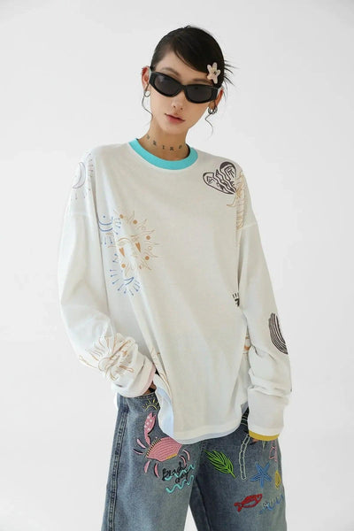 Ace Contrast Spliced Print Long Sleeve T-Shirt-korean-fashion-T-Shirt-Ace's Closet-OH Garments