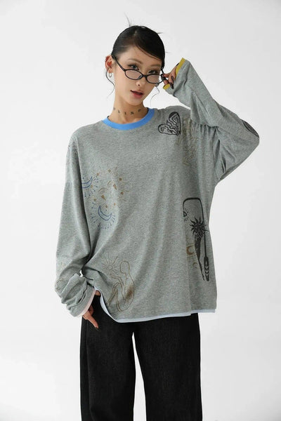 Ace Contrast Spliced Print Long Sleeve T-Shirt-korean-fashion-T-Shirt-Ace's Closet-OH Garments