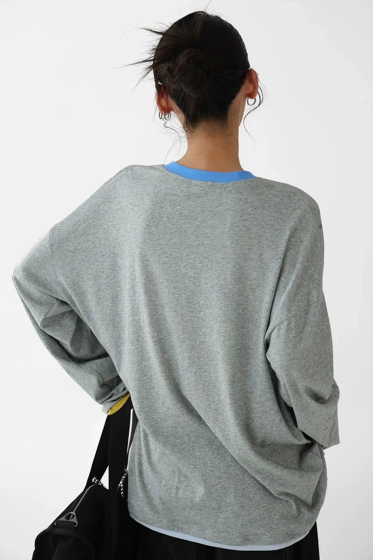 Ace Contrast Spliced Print Long Sleeve T-Shirt-korean-fashion-T-Shirt-Ace's Closet-OH Garments
