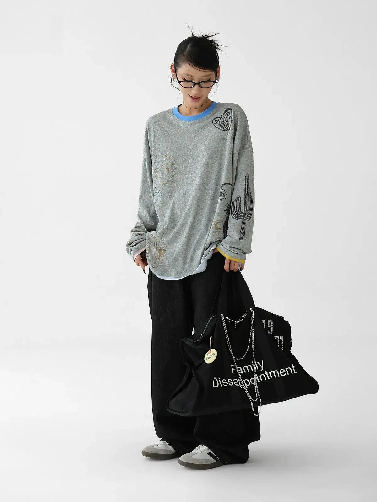 Ace Contrast Spliced Print Long Sleeve T-Shirt-korean-fashion-T-Shirt-Ace's Closet-OH Garments
