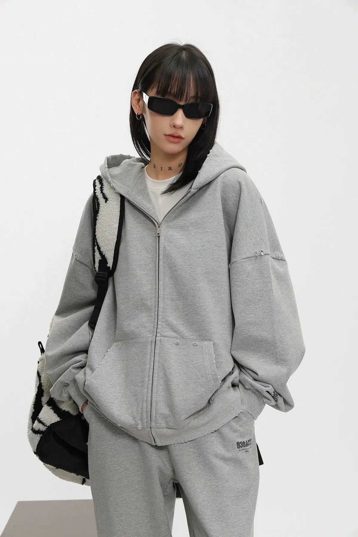 Ace Distressed Lettered Zip-Up Hoodie & Casual Sweatpants Set-korean-fashion-Clothing Set-Ace's Closet-OH Garments