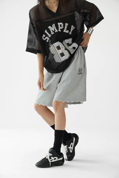 Ace Embroidery Raw Edge Sporty Shorts-korean-fashion-Shorts-Ace's Closet-OH Garments