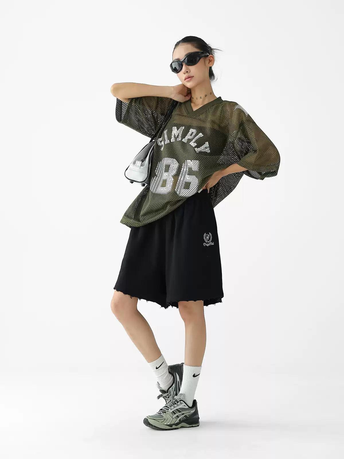 Ace Embroidery Raw Edge Sporty Shorts-korean-fashion-Shorts-Ace's Closet-OH Garments