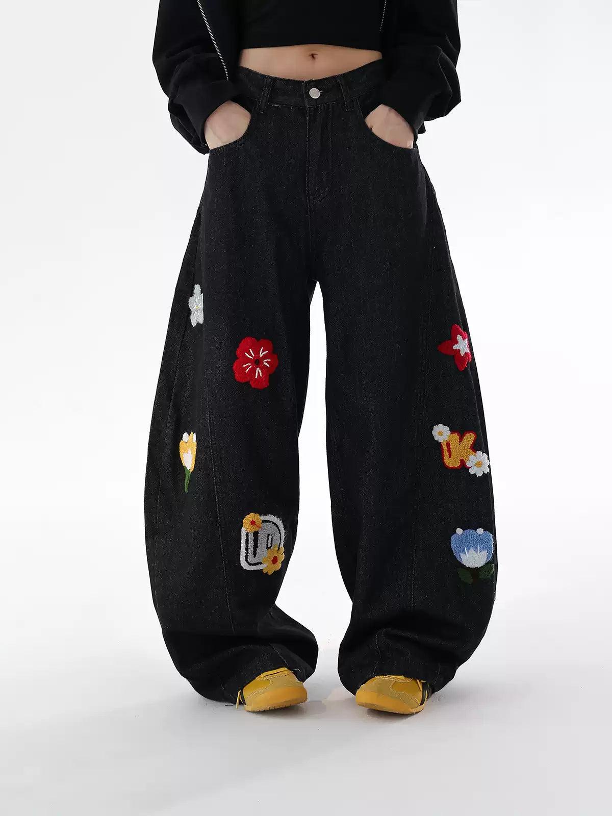 Ace Fluffy Patches Barrel Leg Jeans-korean-fashion-Jeans-Ace's Closet-OH Garments