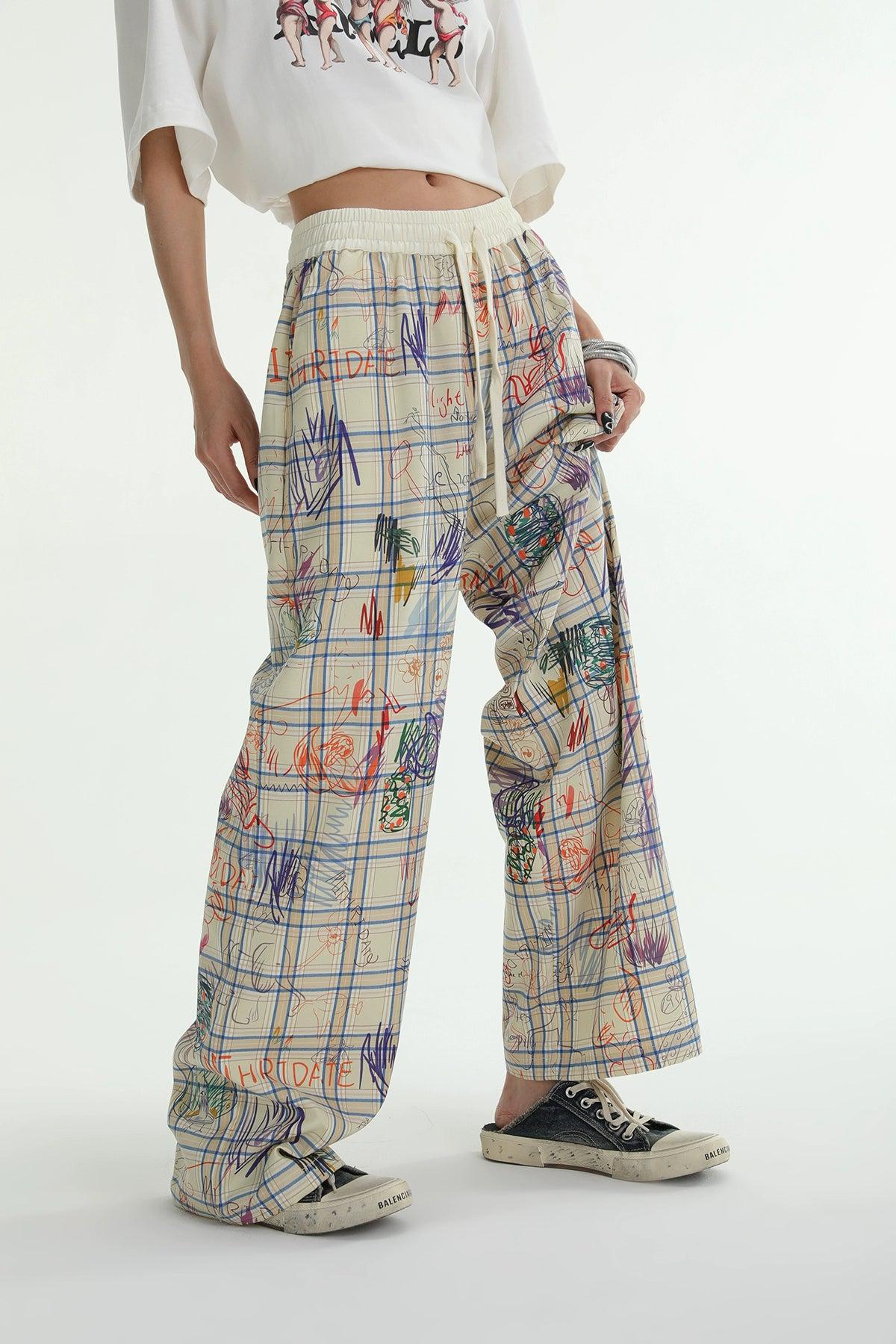 Ace Graffiti Loose Plaid Pants-korean-fashion-Pants-Ace's Closet-OH Garments