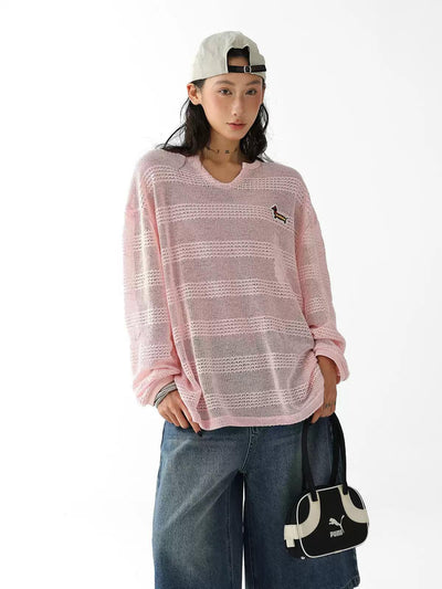 Ace Hollow Knit Striped Long Sleeve T-Shirt-korean-fashion-T-Shirt-Ace's Closet-OH Garments