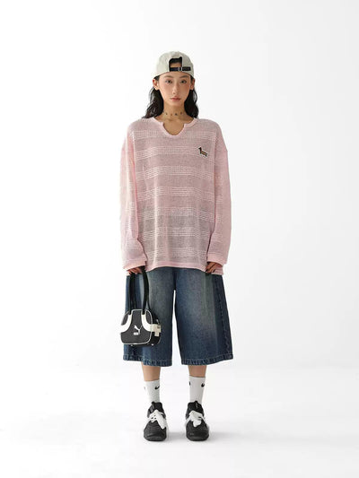 Ace Hollow Knit Striped Long Sleeve T-Shirt-korean-fashion-T-Shirt-Ace's Closet-OH Garments