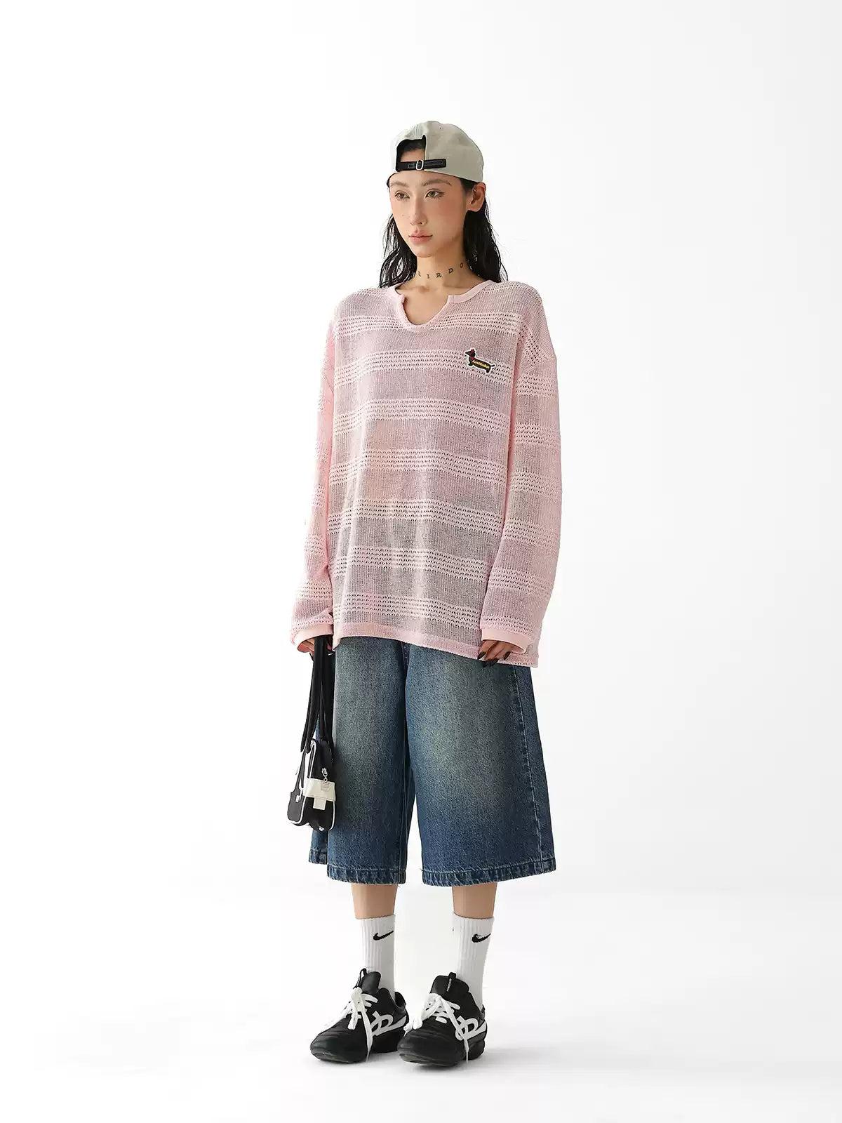 Ace Hollow Knit Striped Long Sleeve T-Shirt-korean-fashion-T-Shirt-Ace's Closet-OH Garments