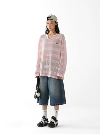 Ace Hollow Knit Striped Long Sleeve T-Shirt-korean-fashion-T-Shirt-Ace's Closet-OH Garments