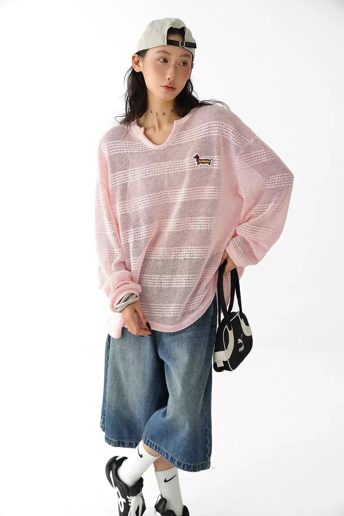 Ace Hollow Knit Striped Long Sleeve T-Shirt-korean-fashion-T-Shirt-Ace's Closet-OH Garments
