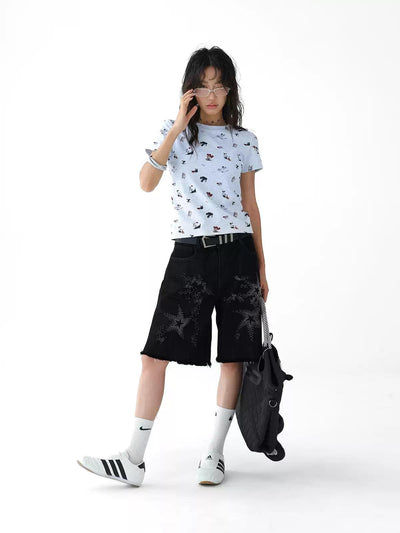Ace Rhinestone Raw Edge Denim Shorts-korean-fashion-Shorts-Ace's Closet-OH Garments
