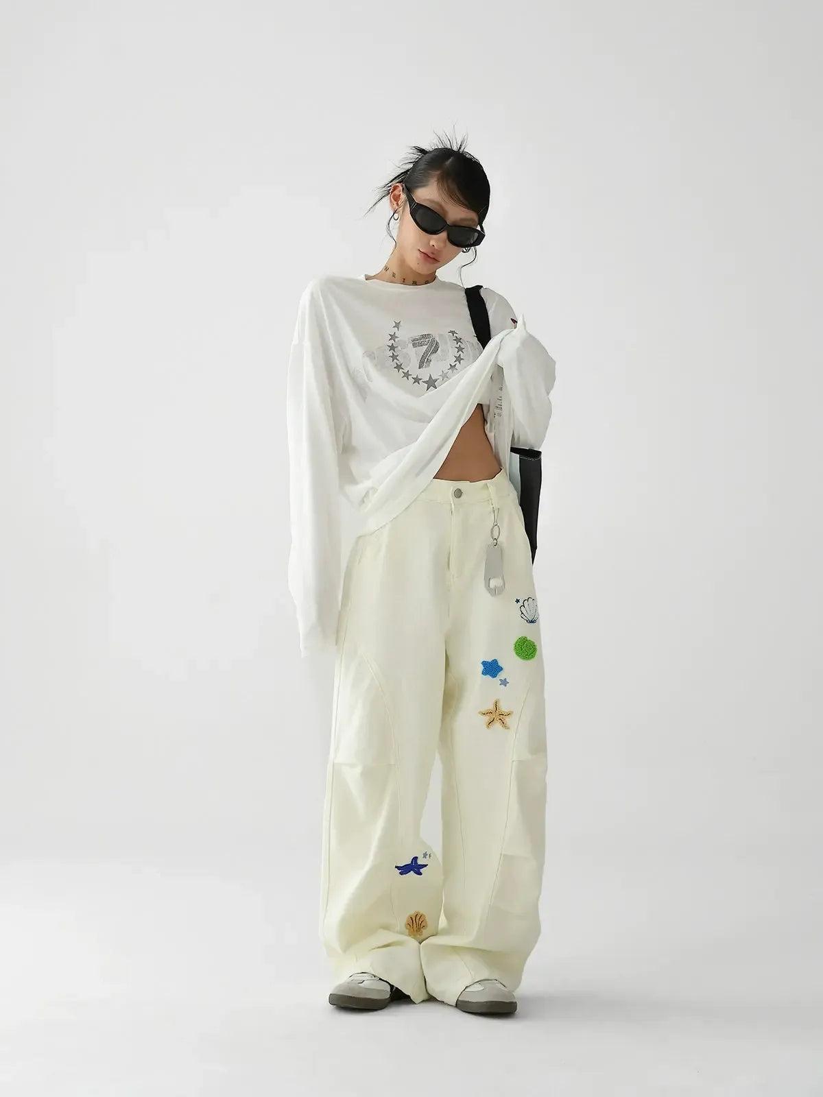 Ace Starfish Embroidery Pleated Pants-korean-fashion-Pants-Ace's Closet-OH Garments