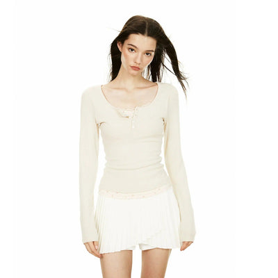 Ada Buttoned Lace Contrast Long Sleeve T-Shirt-korean-fashion-T-Shirt-Ada's Closet-OH Garments