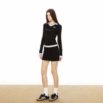 Ada Lettered Contrast Lapel Long Sleeve T-Shirt-korean-fashion-T-Shirt-Ada's Closet-OH Garments