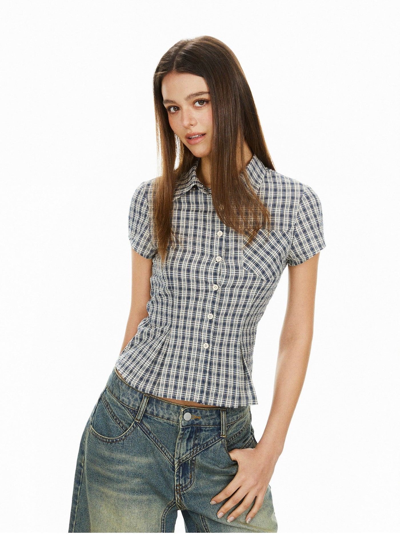 Ada Plaid Buttoned Slim Fit Short Sleeve Shirt-korean-fashion-Shirt-Ada's Closet-OH Garments