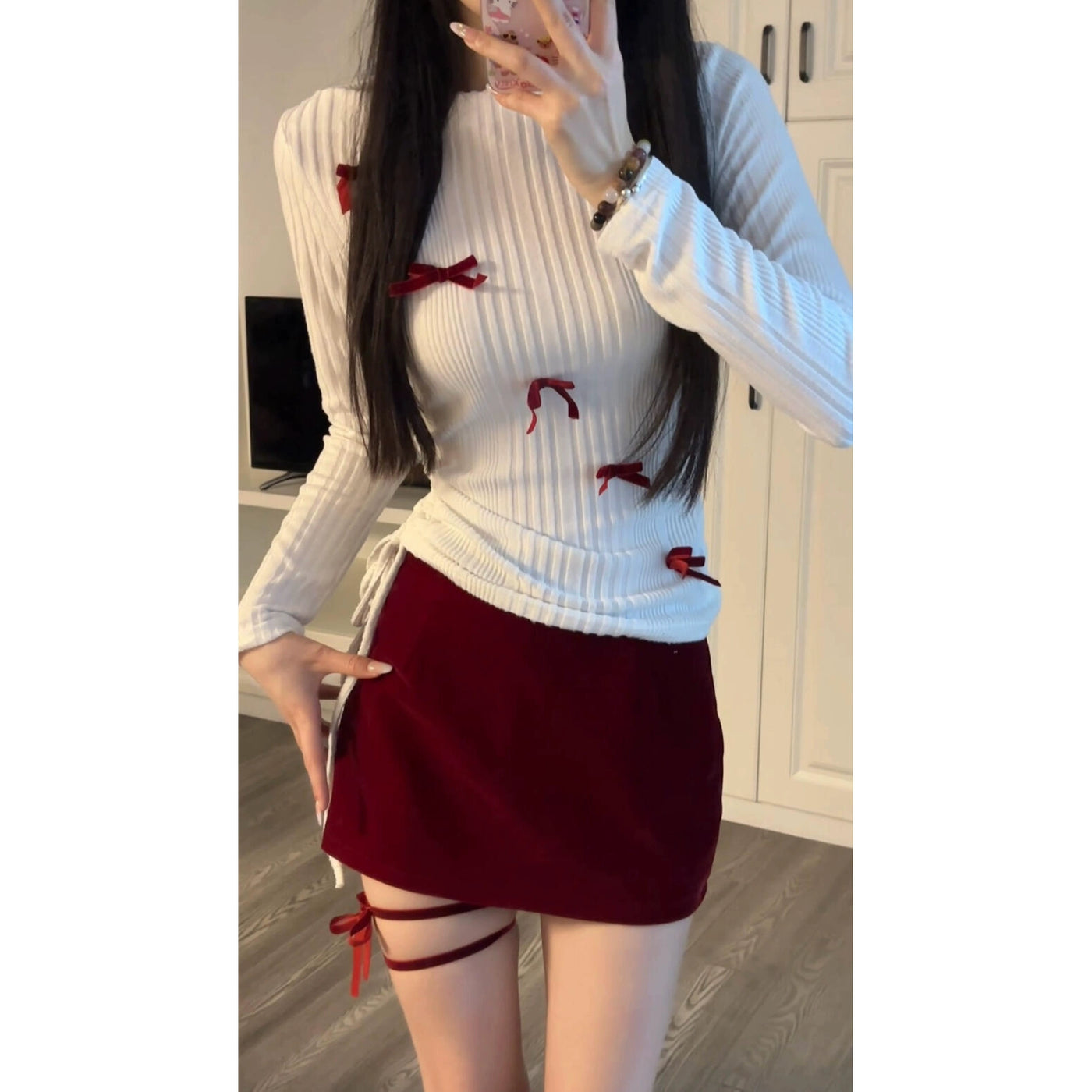 Mina Ribbon Bows Slim Fit Sweater & Short Skirt Set