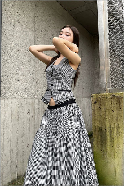 Agam Plaid Ruffled Vest & Puffy Skirt Set-korean-fashion-Clothing Set-Agam's Closet-OH Garments