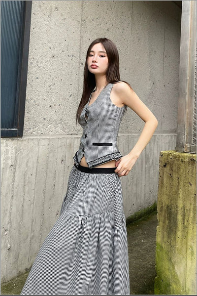 Agam Plaid Ruffled Vest & Puffy Skirt Set-korean-fashion-Clothing Set-Agam's Closet-OH Garments