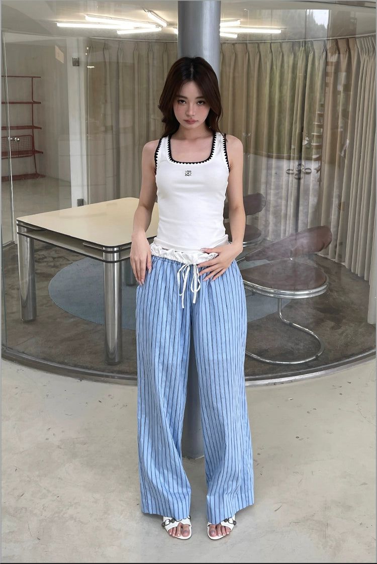 Agam Vertical Stripes Lace Detail Pants-korean-fashion-Pants-Agam's Closet-OH Garments