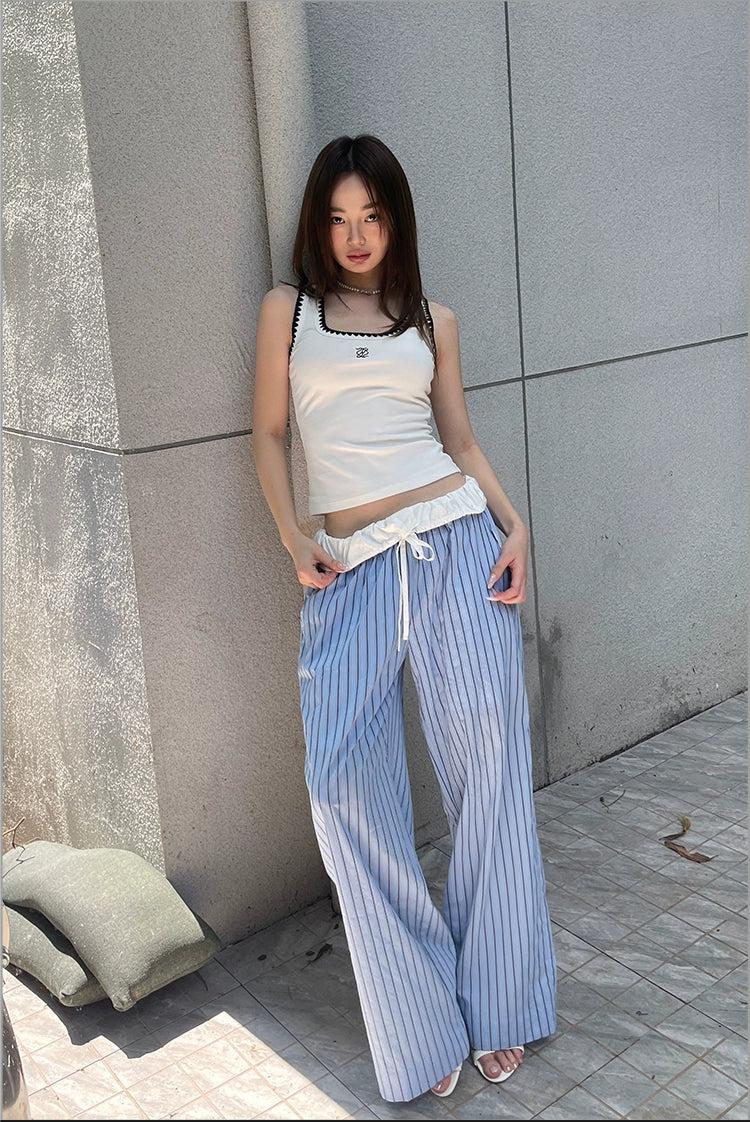 Agam Vertical Stripes Lace Detail Pants-korean-fashion-Pants-Agam's Closet-OH Garments