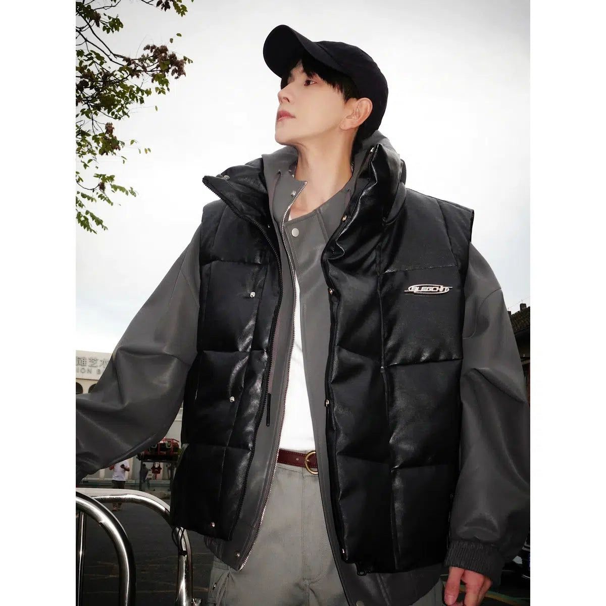 Bang Grid Leather Puffer Vest-korean-fashion-Vest-Bang's Closet-OH Garments