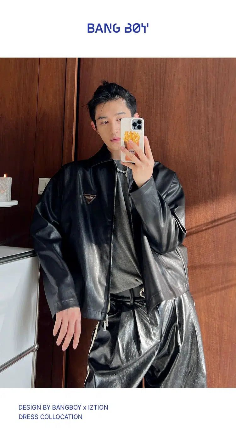 Bang Metallic Accent Faux Leather Jacket-korean-fashion-Jacket-Bang's Closet-OH Garments