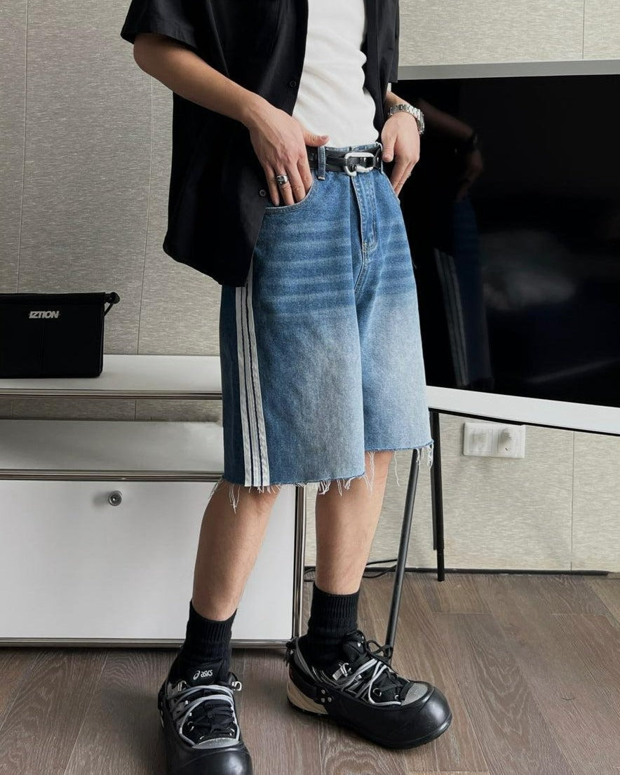 Bang Side Striped Raw Hem Denim Shorts-korean-fashion-Shorts-Bang's Closet-OH Garments