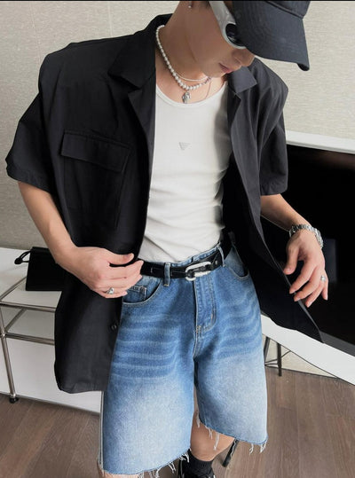 Bang Side Striped Raw Hem Denim Shorts-korean-fashion-Shorts-Bang's Closet-OH Garments