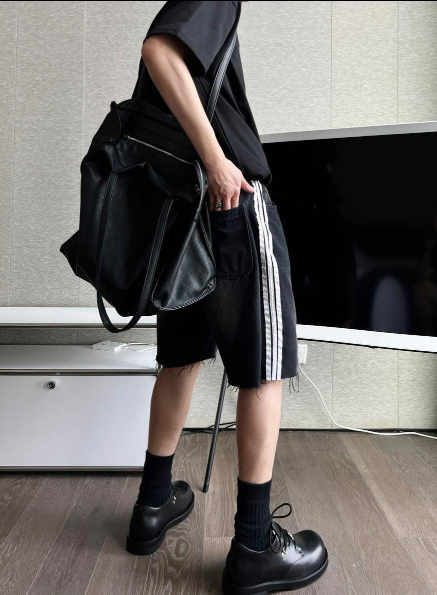 Bang Side Striped Raw Hem Denim Shorts-korean-fashion-Shorts-Bang's Closet-OH Garments