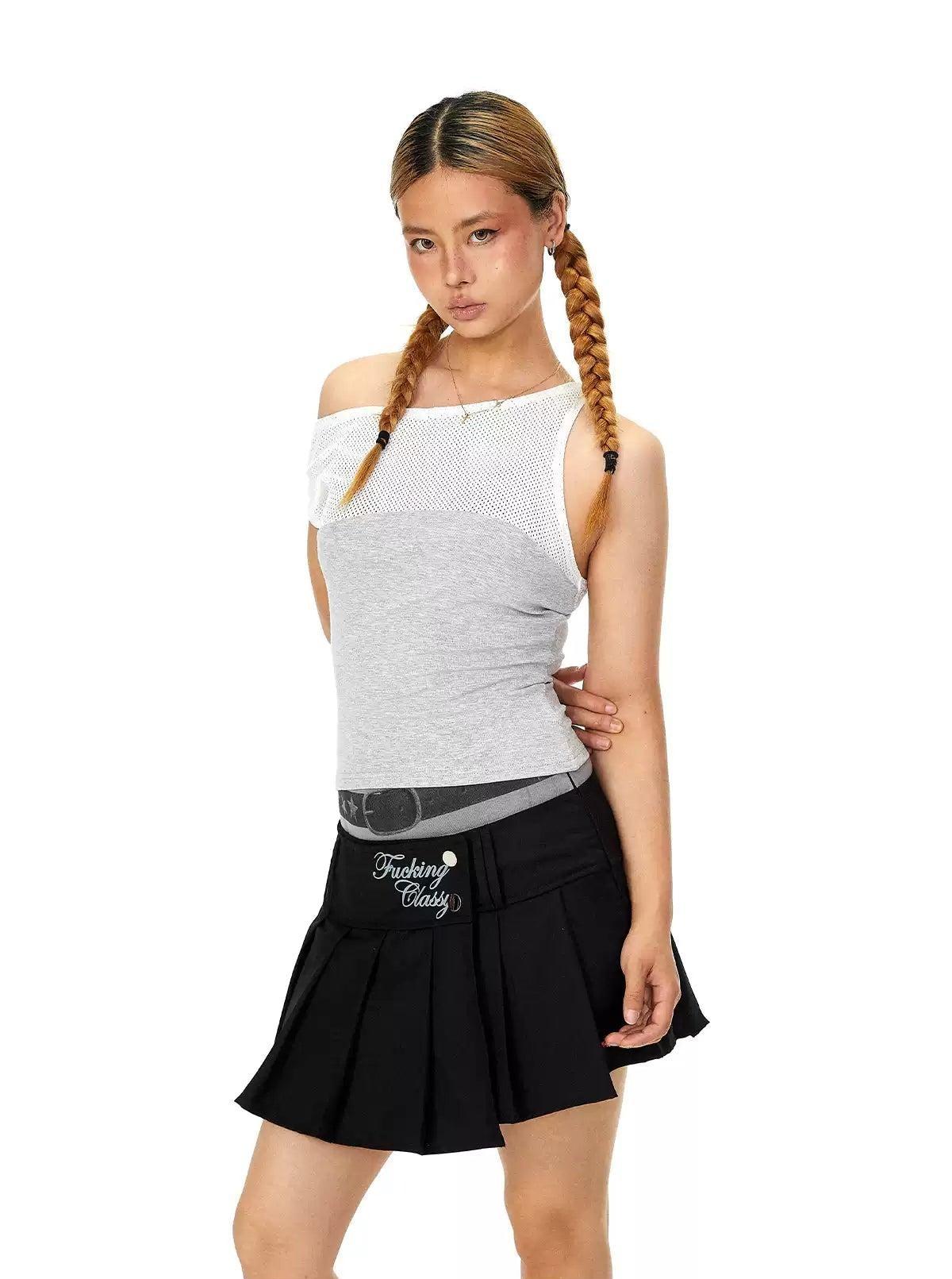 BB Asymmetric Shoulder Mesh Tank Top-korean-fashion-Tank Top-BB's Closet-OH Garments